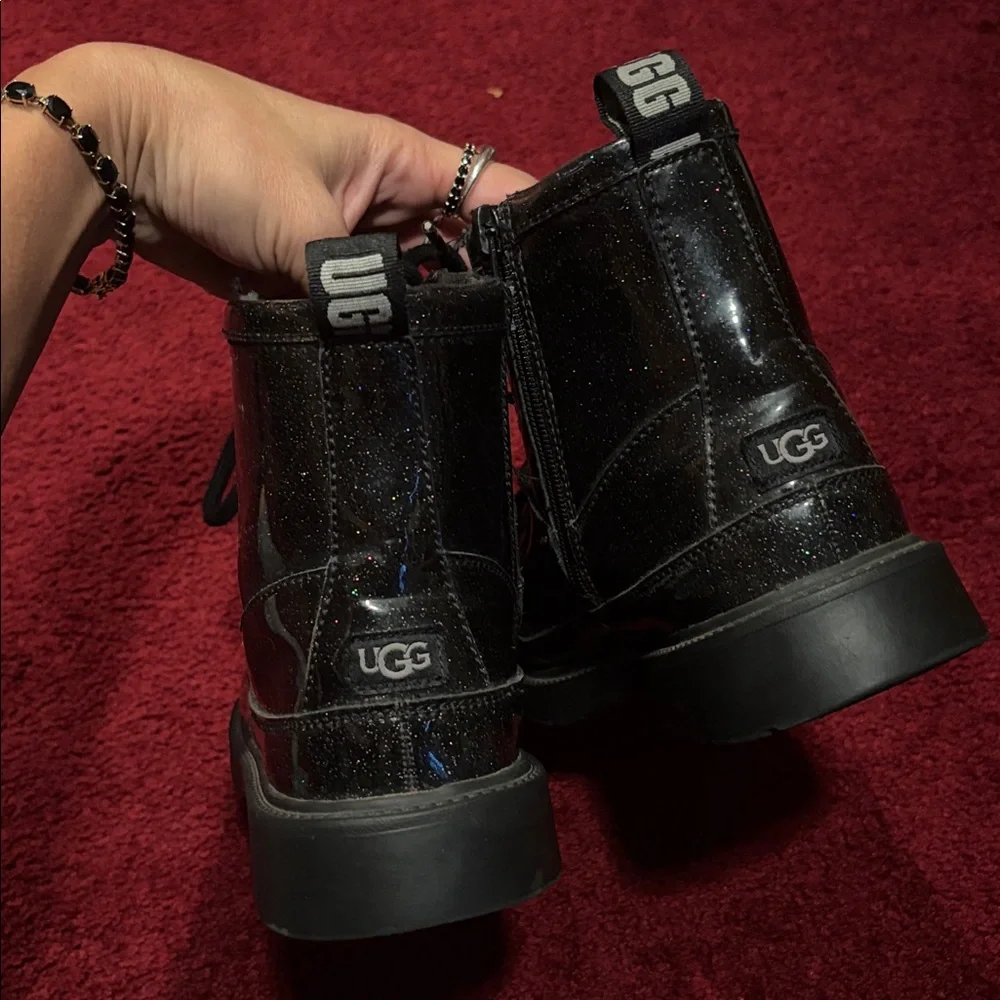 Uggs Black patent leather Glitter Combat Boots girls 3